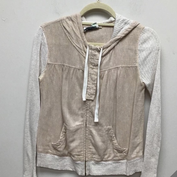 Anthropologie Saturday Sunday Tan Cream Linen Ribbed Zip Up Hoodie - Picture 4 of 7